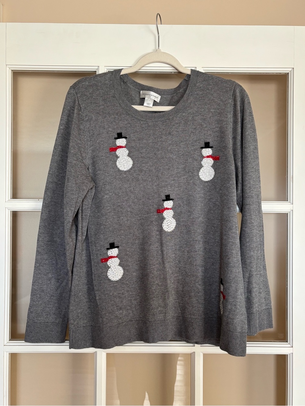 Christopher & Banks Gray Crewneck Sweater with Embroidered Snowmen
